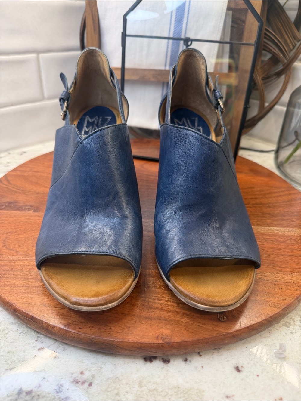 Miz Mooz Navy Leather Open-Toe Slingback Mules